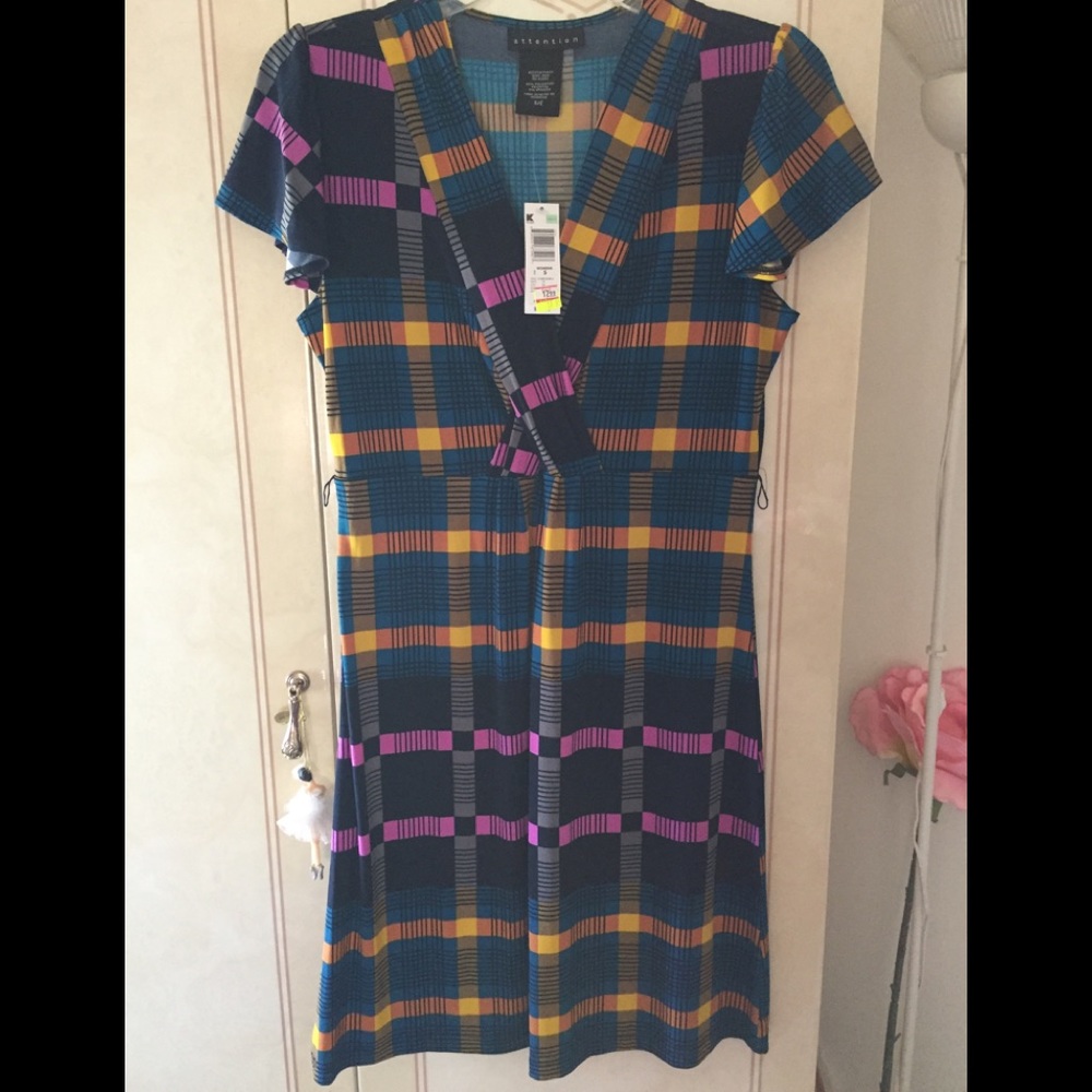 Brightly colored plaid jersey dress